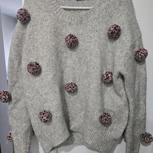 Zara Gray Sweater with Colorful Pom Poms